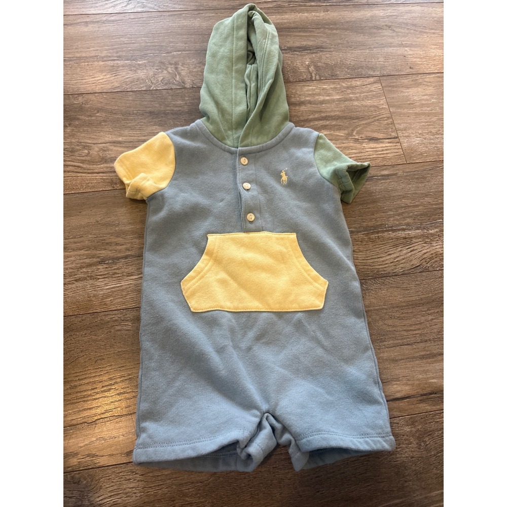 Ralph Lauren Baby Boy Colorblock Hooded Romper Blue Green Yellow 9M